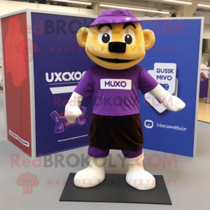 Purple Moussaka mascot costume character dressed with a Oxford Shirt and Foot pads