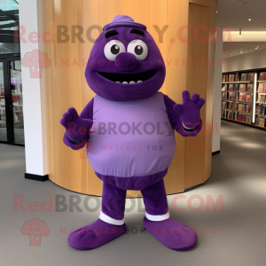 Purple Moussaka mascot costume character dressed with a Oxford Shirt and Foot pads