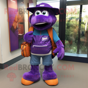 Purple Moussaka mascot costume character dressed with a Oxford Shirt and Foot pads