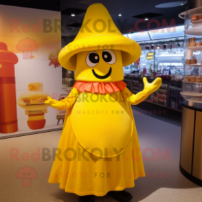Yellow Moussaka mascot costume character dressed with a Midi Dress and Hats