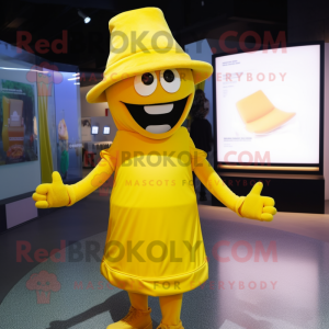 Yellow Moussaka mascot costume character dressed with a Midi Dress and Hats