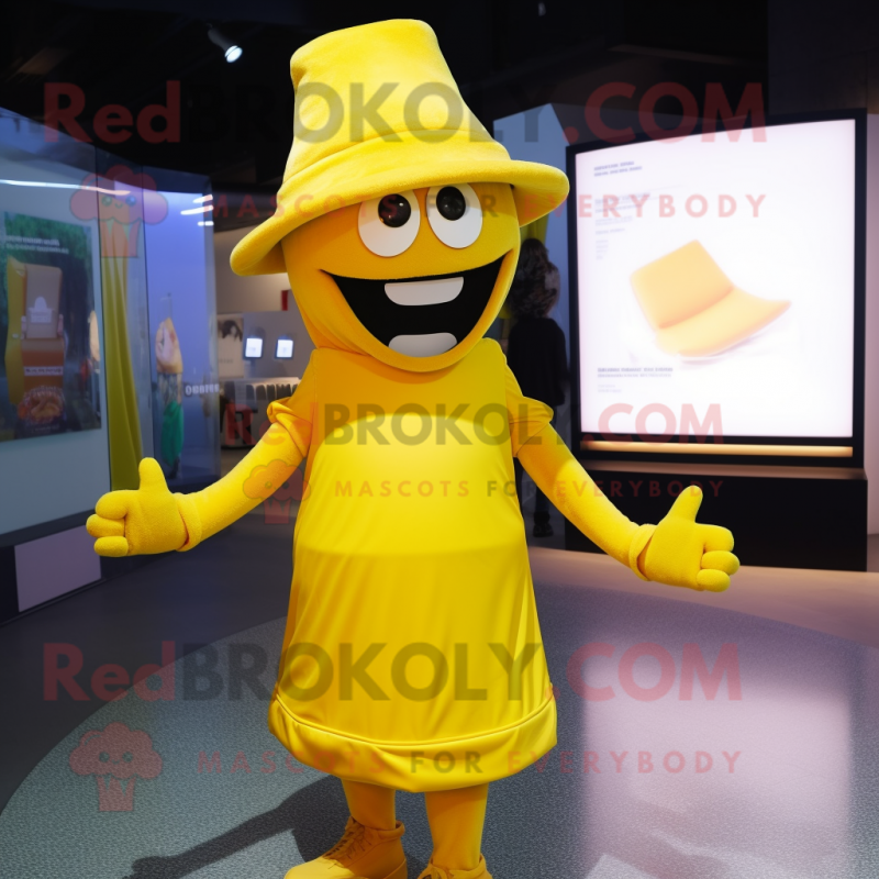 Yellow Moussaka mascot costume character dressed with a Midi Dress and Hats Yellow Moussaka mascot costume character dressed with a Midi Dress and Hats