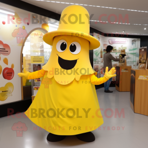 Yellow Moussaka mascot costume character dressed with a Midi Dress and Hats