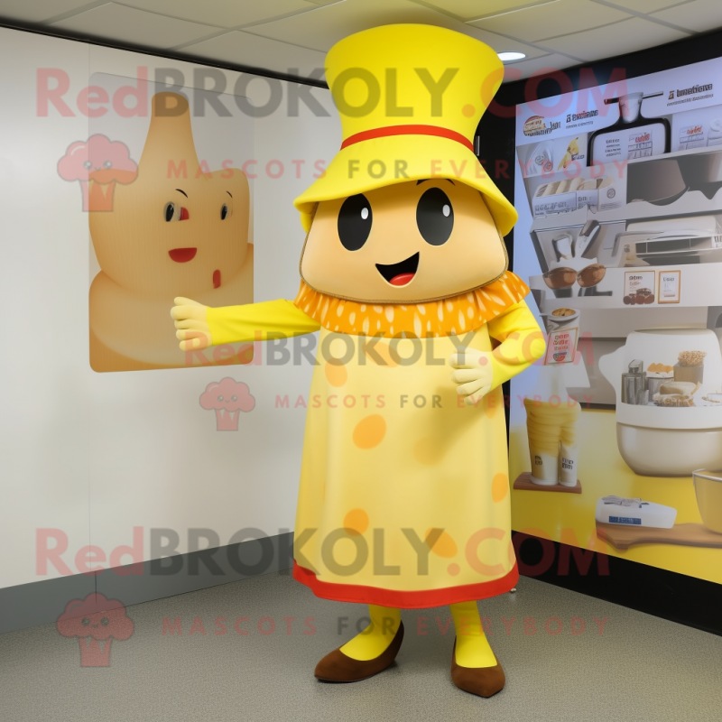 Yellow Moussaka mascot costume character dressed with a Midi Dress and Hats