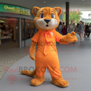 Orange Jaguarundi mascot costume character dressed with a Culottes and Foot pads