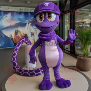 Purple Snake mascot costume character dressed with a One-Piece Swimsuit and Berets