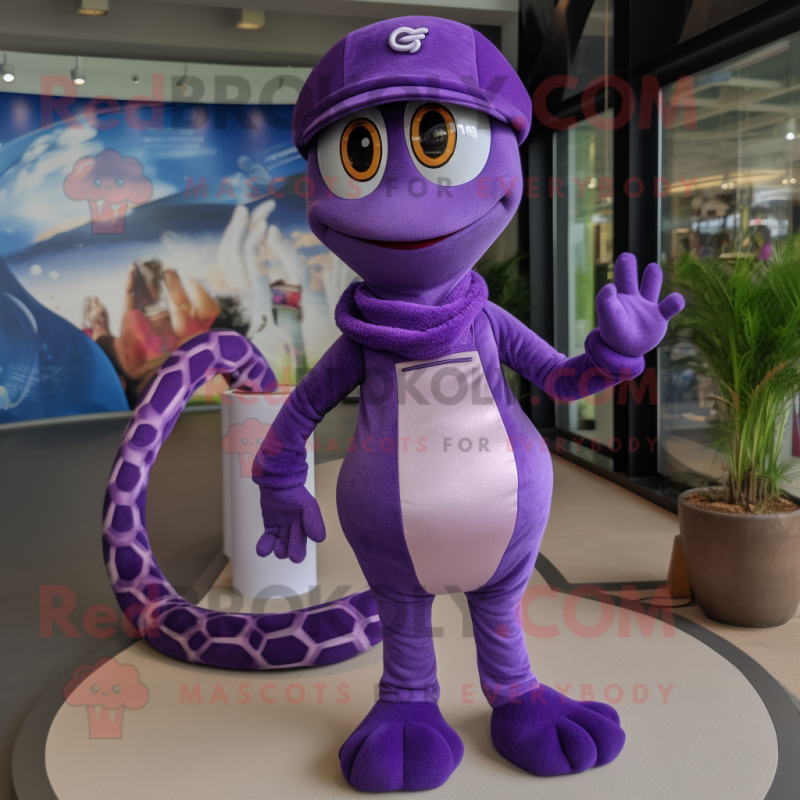 Purple Snake mascot costume character dressed with a One-Piece Swimsuit and Berets Purple Snake mascot costume character dressed with a One-Piece Swimsuit and Berets
