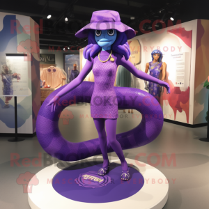 Purple Snake mascot costume character dressed with a One-Piece Swimsuit and Berets