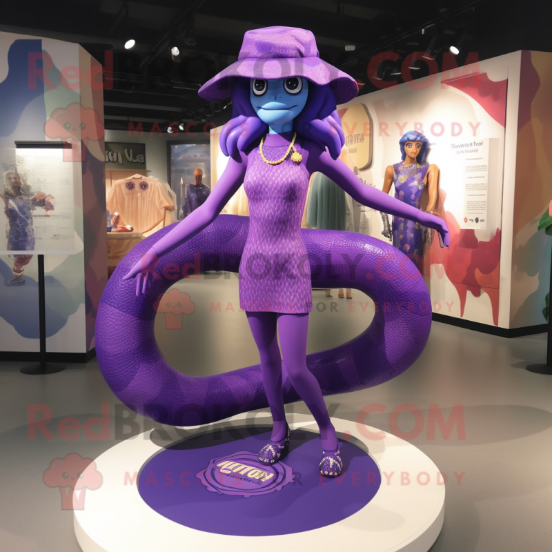 Purple Snake mascot costume character dressed with a One-Piece Swimsuit and Berets