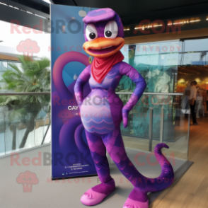 Purple Snake mascot costume character dressed with a One-Piece Swimsuit and Berets