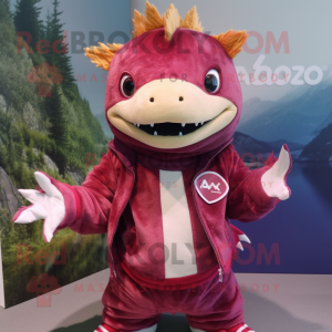 Maroon Axolotls mascot costume character dressed with a Jacket and Scarves