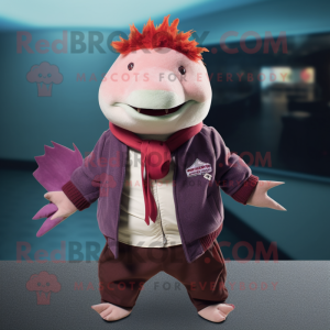 Maroon Axolotls mascot costume character dressed with a Jacket and Scarves