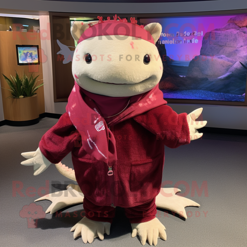 Maroon Axolotls mascot costume character dressed with a Jacket and Scarves