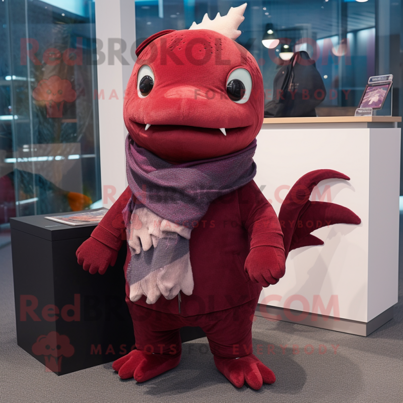 Maroon Axolotls mascot costume character dressed with a Jacket and Scarves