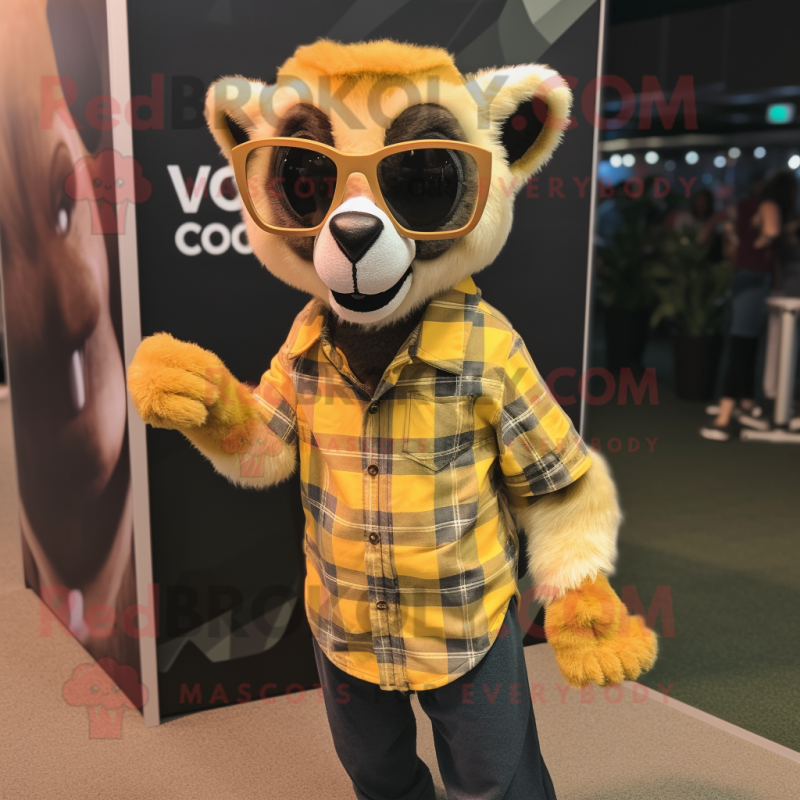 Gold Lemur mascot costume character dressed with a Flannel Shirt and Sunglasses Gold Lemur mascot costume character dressed with a Flannel Shirt and Sunglasses