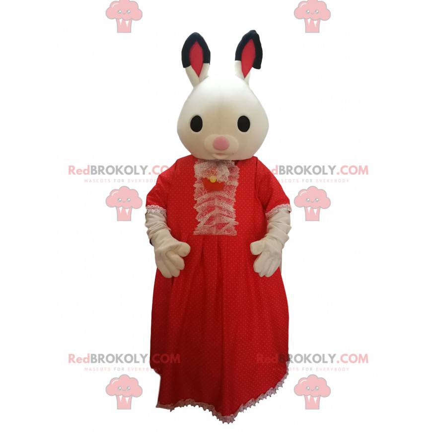 Kaninchenmaskottchen mit einem roten Spitzenkleid. -