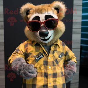 Gold Lemur mascot costume character dressed with a Flannel Shirt and Sunglasses