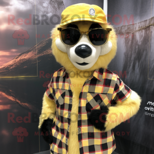 Gold Lemur mascot costume character dressed with a Flannel Shirt and Sunglasses