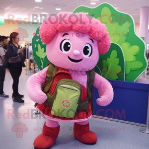 Pink Broccoli mascot costume character dressed with a Circle Skirt and Backpacks