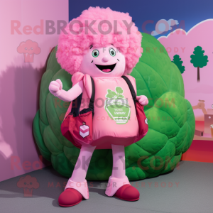 Pink Broccoli mascot costume character dressed with a Circle Skirt and Backpacks