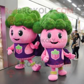 Pink Broccoli mascot costume character dressed with a Circle Skirt and Backpacks