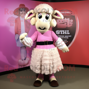 Pink Suffolk Sheep mascot costume character dressed with a Wrap Skirt and Scarf clips