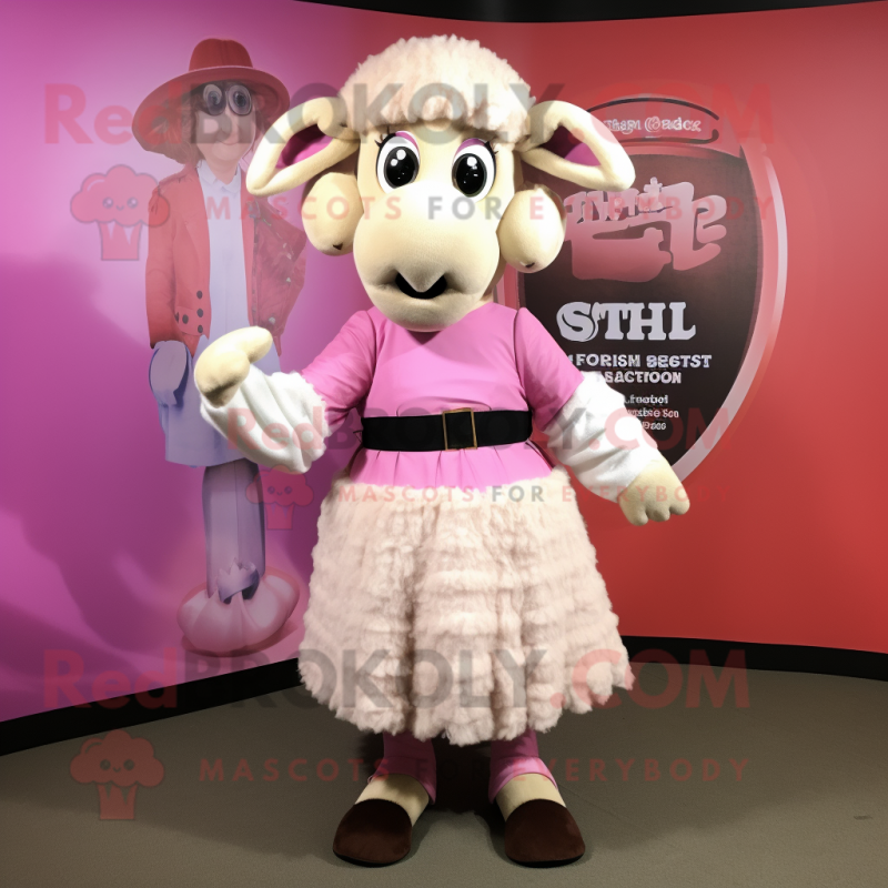 Pink Suffolk Sheep mascot costume character dressed with a Wrap Skirt and Scarf clips Pink Suffolk Sheep mascot costume character dressed with a Wrap Skirt and Scarf clips