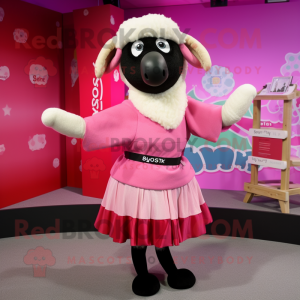Pink Suffolk Sheep mascot costume character dressed with a Wrap Skirt and Scarf clips