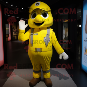 Lemon Yellow Air Force Soldier mascot costume character dressed with a Overalls and Foot pads