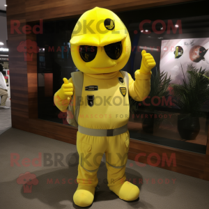 Lemon Yellow Air Force Soldier mascot costume character dressed with a Overalls and Foot pads