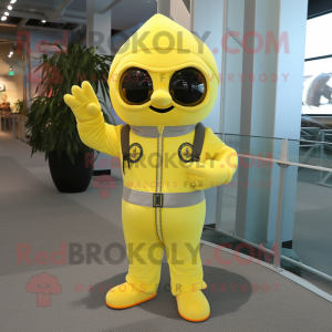 Lemon Yellow Air Force Soldier mascot costume character dressed with a Overalls and Foot pads