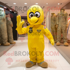 Lemon Yellow Air Force Soldier mascot costume character dressed with a Overalls and Foot pads