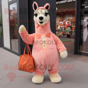 Peach Llama mascot costume character dressed with a Jumpsuit and Clutch bags