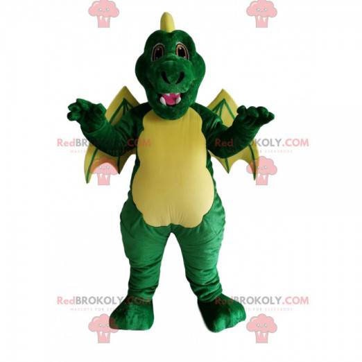 Mascotte de dragon vert et jaune. Costume de dragon -