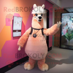 Peach Llama mascot costume character dressed with a Jumpsuit and Clutch bags