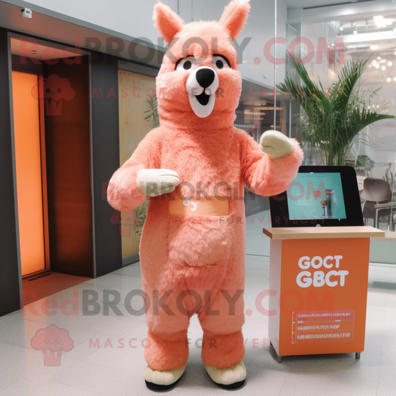 Peach Llama mascot costume character dressed with a Jumpsuit and Clutch bags