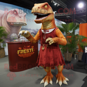 Rust Tyrannosaurus mascot costume character dressed with a Cocktail Dress and Coin purses