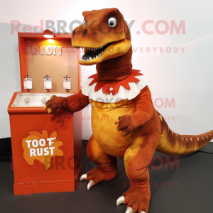 Rust Tyrannosaurus mascot costume character dressed with a Cocktail Dress and Coin purses