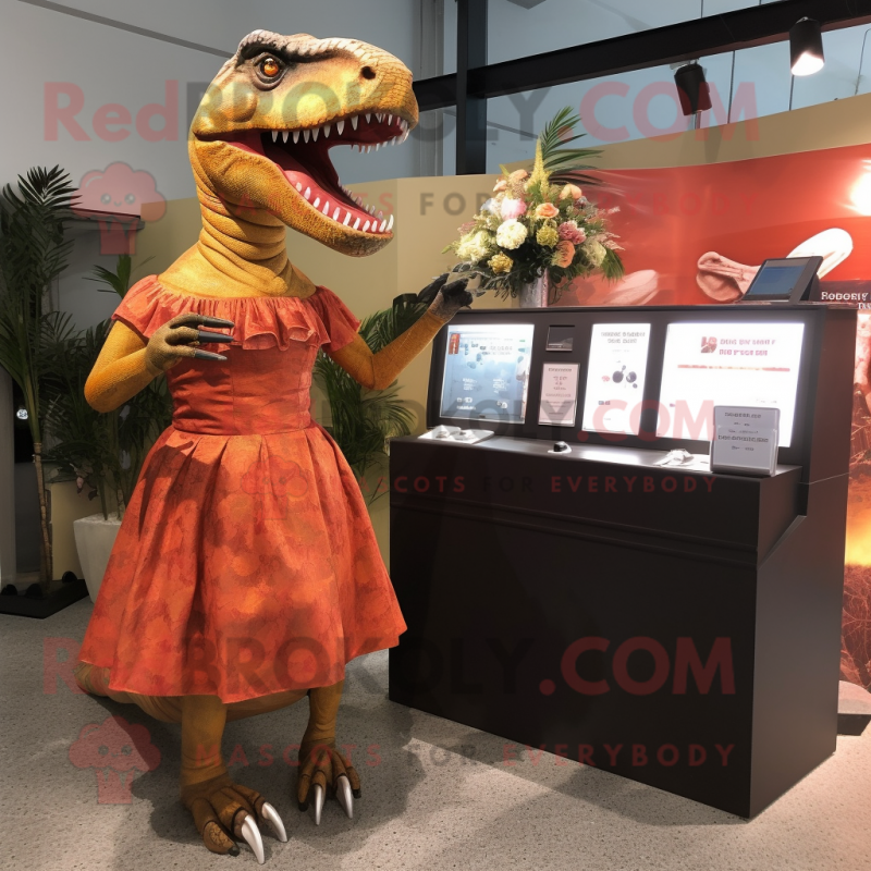 Rust Tyrannosaurus mascot costume character dressed with a Cocktail Dress and Coin purses