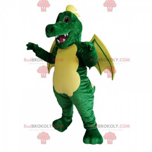 Mascotte de dragon vert et jaune. Costume de dragon -