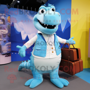 Sky Blue Crocodile mascot costume character dressed with a Waistcoat and Clutch bags