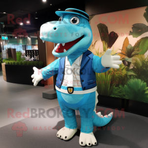 Sky Blue Crocodile mascot costume character dressed with a Waistcoat and Clutch bags