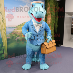 Sky Blue Crocodile mascot costume character dressed with a Waistcoat and Clutch bags