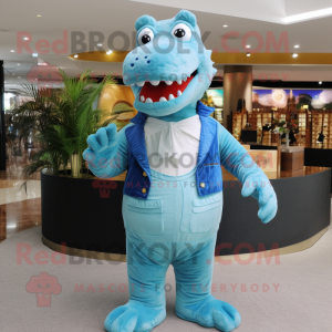 Sky Blue Crocodile mascot costume character dressed with a Waistcoat and Clutch bags