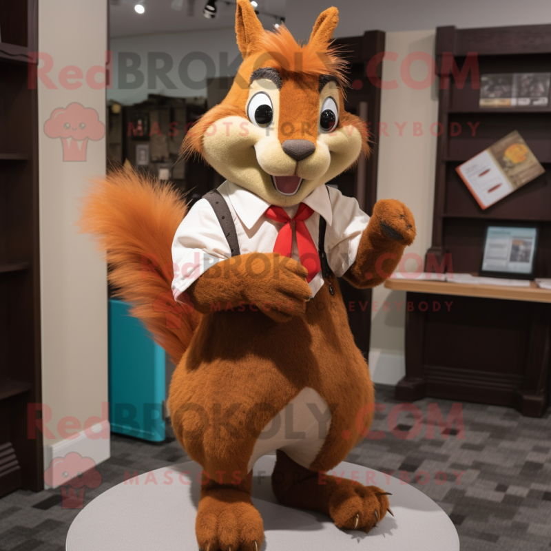 Rust Squirrel mascot costume character dressed with a Skirt and Ties