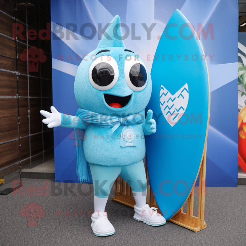 Sky Blue Arrow Of Love mascot costume character dressed with a Board Shorts and Hairpins