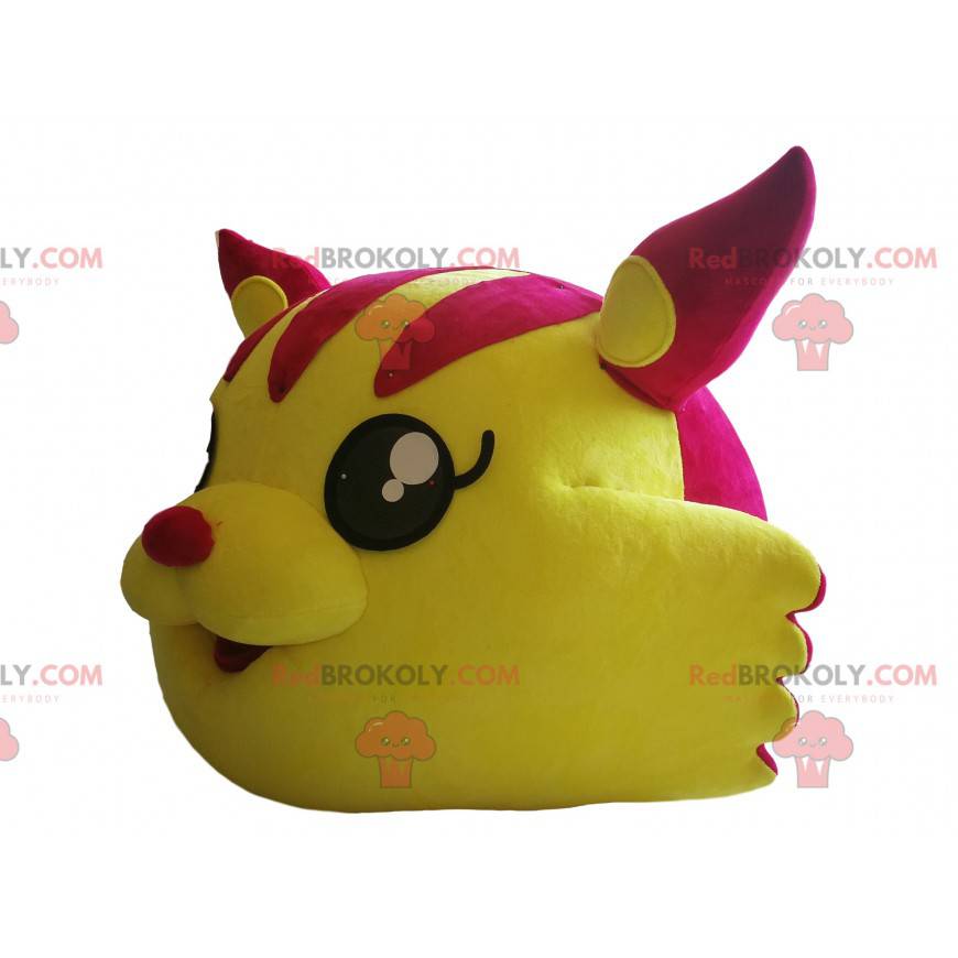 Fuchsia and yellow cat head mascot. - Redbrokoly.com