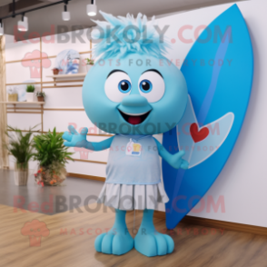 Sky Blue Arrow Of Love mascot costume character dressed with a Board Shorts and Hairpins