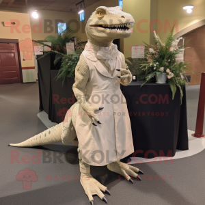 Cream Allosaurus mascot costume character dressed with a Wedding Dress and Shoe laces