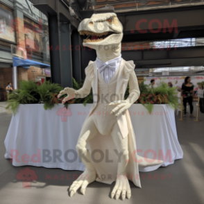 Cream Allosaurus mascot costume character dressed with a Wedding Dress and Shoe laces